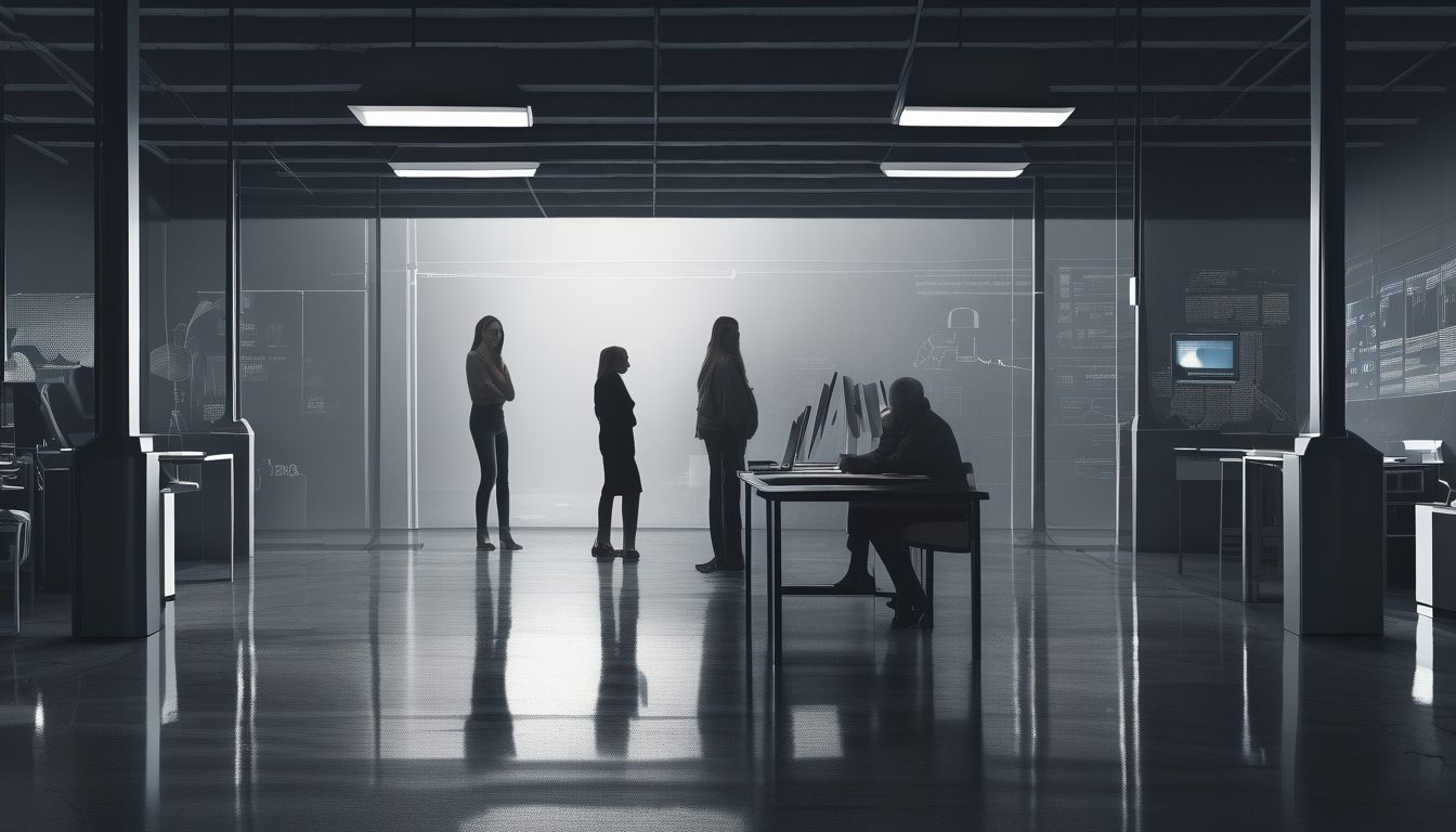 어두운 사무실에 서 있는 사람 셋과 책상 컴퓨터 앞에 앉은 사람이 실루엣으로 보인다