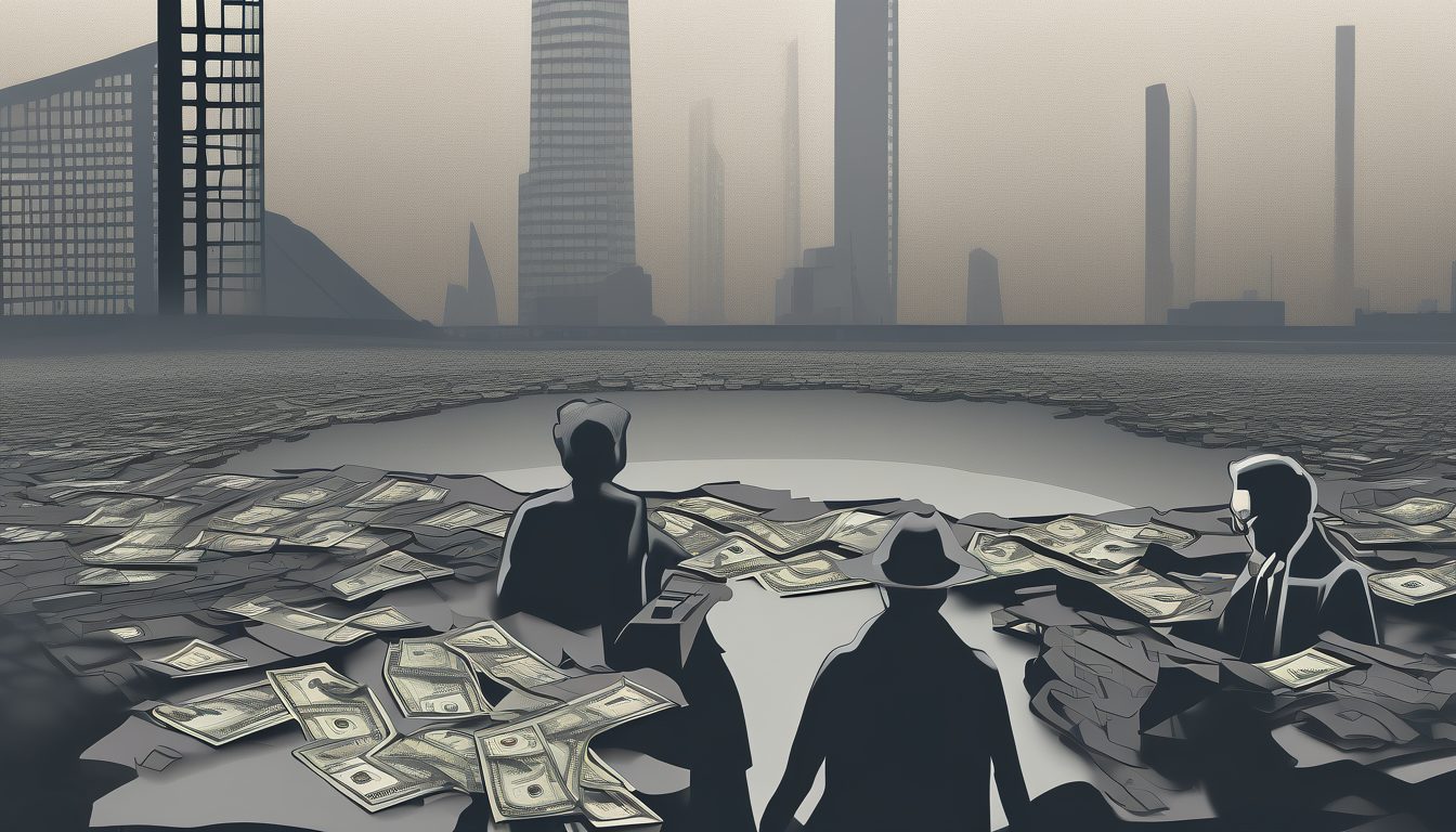 실루엣 인물 셋과 흩어진 달러 지폐 더미, 뒤로 안개 낀 도시 스카이라인